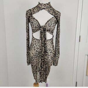 Fashion Nova Dress Wilder Mesh Mini Leopard Print Long Sleeves Cut-Out Design XS